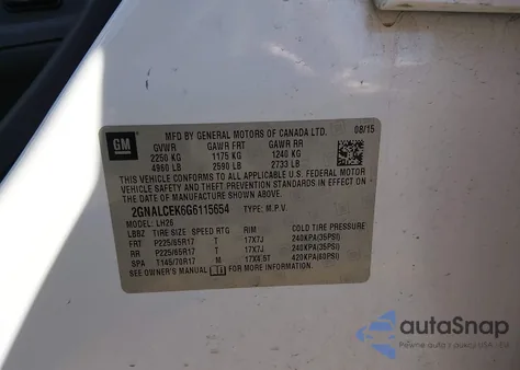 2016 Chevrolet Equinox Lt z USA, uszkodzony, nr VIN 2GNALCEK6G6115654